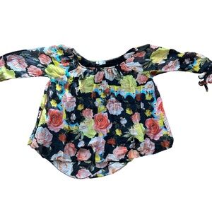 Bellambra Silk Blend  Black Floral Lined Tie Sleeve Pheasant Neckine Top Blouse